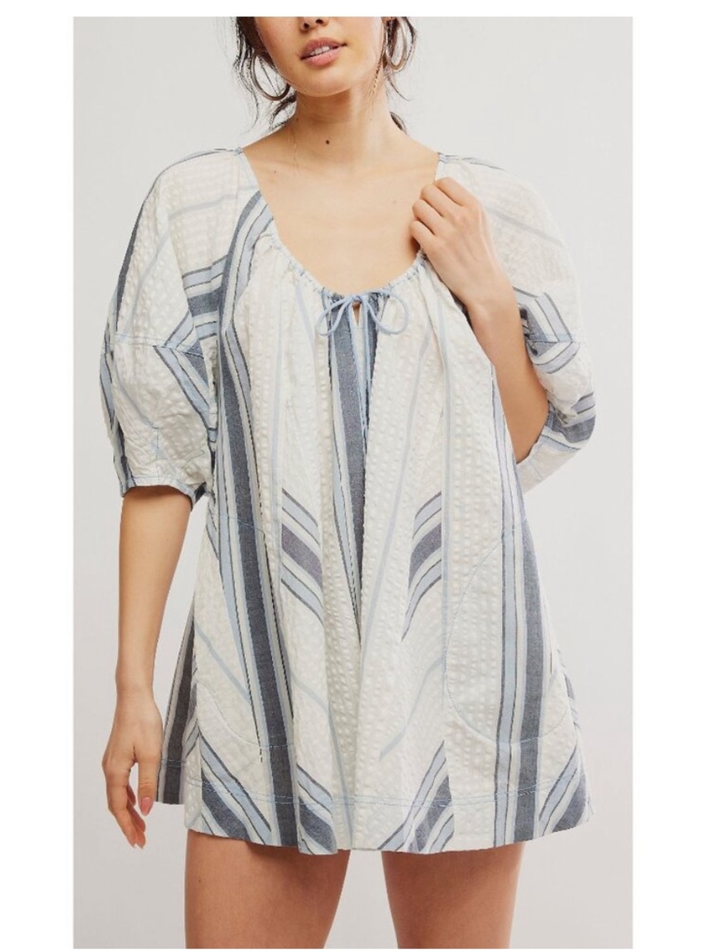 Free People Blue and Ivory Striped Peasant Romper